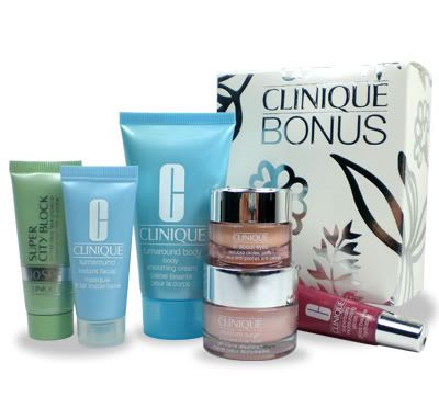 CLINIQUE BONUS SET, 1) All About Eyes (7ml)Lightweight eye cream diminishes the appearance of eye puffs, darkness and fine lines. Non-creep, cream/gel formula actually helps hold eye makeup in place. 2) Turnaround Instant Facial Masque (15ml)Clinique turnaround Instant Facial Mask is a 5-minute facial mask that delivers all the radiance and smoothness of microderambrasion with significantly less irritation and stress to skin.This mask had a lovely cool, refreshing sensation on the face with a fine and powdery consistency. It exfoliates and smoothes skin, leaving it feeling soft and sparkling with no tightness like some other masks.3) Superbalm Moisturizing Gloss #07 Lilac(7ml)Lip balm with a colourful twist. Gorgeous colours treat your most undermoisturized skin to helpings of soothing shine. Instantly relieve dryness, protect with antioxidants and more. Dip in. How to Use: Apply Superbalm Moisturizing Gloss to clean, bare lips. Or over your favourite lipstick for extra shine. 4)Super City Block SPF40(15ml)High-level daily sun protection in a sheer, weightless formula. For all skins, even the most sensitive. Offers SPF 40 protection from sunâ��s UVA/UVB rays. Antioxidants help protect against environmental irritants. Wear alone or as an invisible under-makeup primer.5) Moisture Surge Extended Thirst Relief (15ml)Enjoy rapid refreshment and a full 12 hours of soothing moisture with an addictive by-a-waterfall feel. Thank advanced hydration boosters and a new botanical blend that locks it in. Able to hold skinâ��s moisture in balance through stressful shifts in humidity, like steamy exteriors and interiors parched by air conditioning. Never go thirsty again.6) Turnaround Body Smoothing Cream (50ml)Instantly unveils silkier, more refined skin all over. Reduces rough patches-elbows, knees etc. Hydrates, deflakes, evens outs skin tones.PRICE AT RM 170.00RETAIL RM 386.00